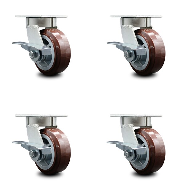 5 Inch Kingpinless Poly on Polyolefin Wheel Swivel Caster Set with Brakes SCC